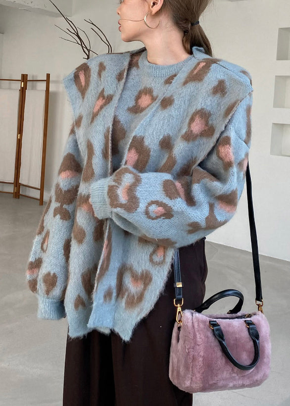 Blue Jacquard Cozy Knit Two Pieces Set O Neck Winter