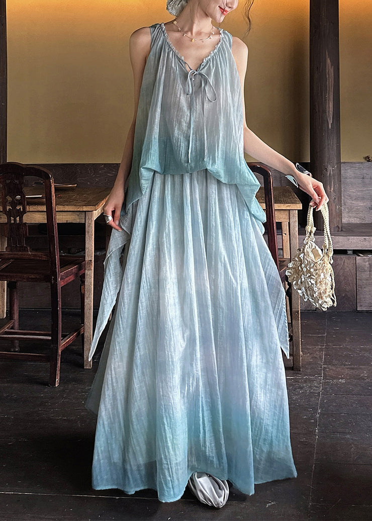 Blue Lace Up Linen Silk Long Dresses Ruffled Sleeveless