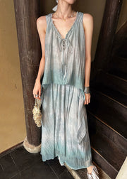 Blue Lace Up Linen Silk Long Dresses Ruffled Sleeveless