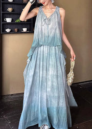 Blue Lace Up Linen Silk Long Dresses Ruffled Sleeveless