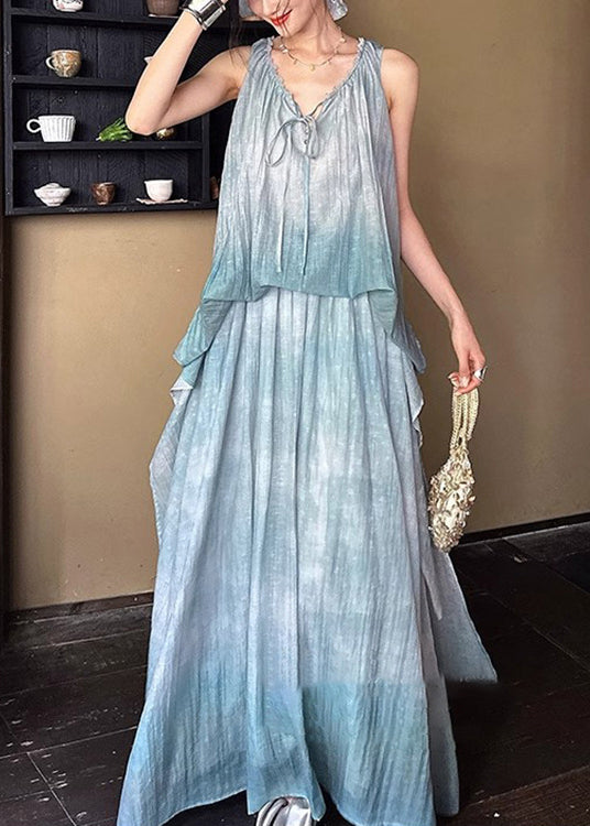 Blue Lace Up Linen Silk Long Dresses Ruffled Sleeveless