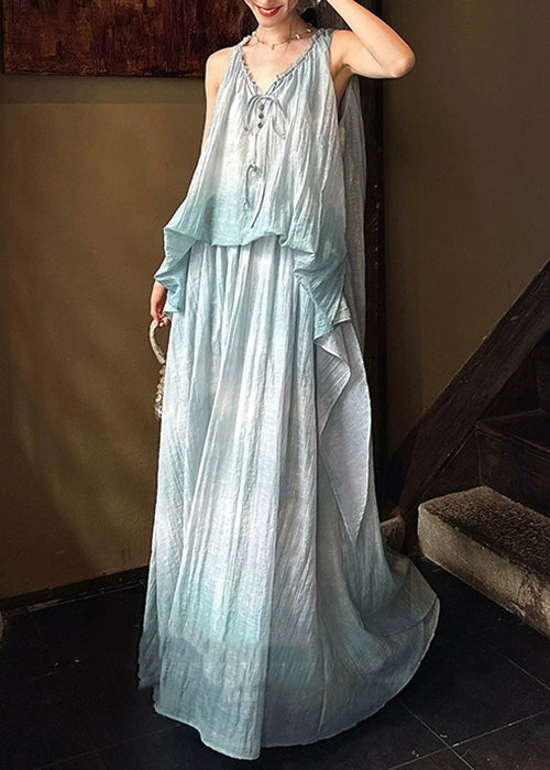 Blue Lace Up Linen Silk Long Dresses Ruffled Sleeveless