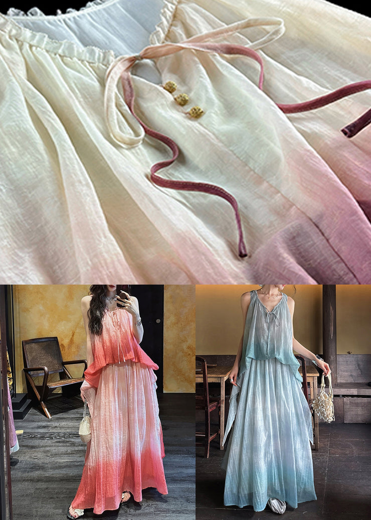 Blue Lace Up Linen Silk Long Dresses Ruffled Sleeveless