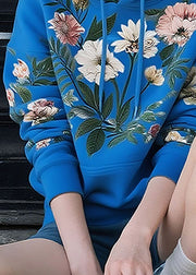 Blue Lace Up Print Cotton Pullover Sweatshirt Hooded Fall