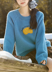 Blue O-Neck Patchwork Cozy Cotton Knit Sweater Fall
