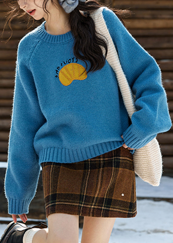 Blue O-Neck Patchwork Cozy Cotton Knit Sweater Fall