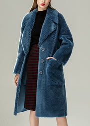 Blue Patchwork Button Faux Fur Solid Maxi Coats Winter