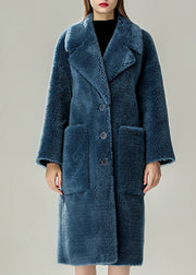 Blue Patchwork Button Faux Fur Solid Maxi Coats Winter