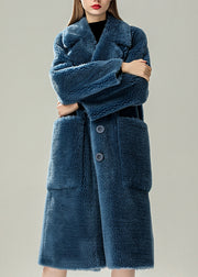 Blue Patchwork Button Faux Fur Solid Maxi Coats Winter