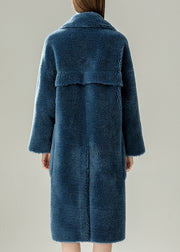 Blue Patchwork Button Faux Fur Solid Maxi Coats Winter