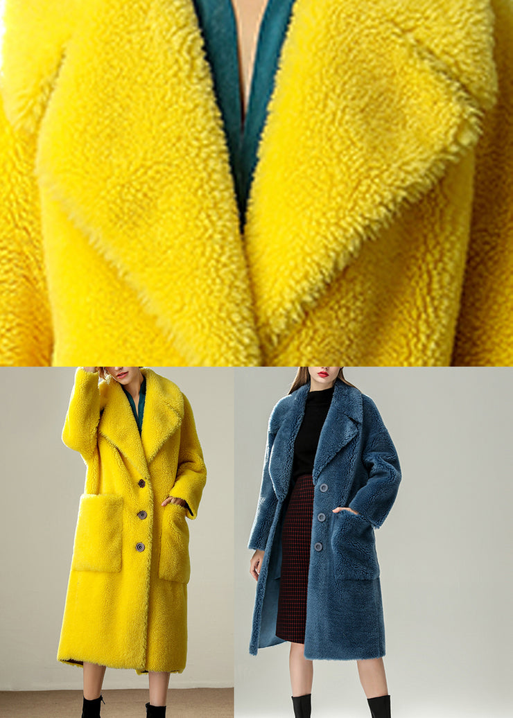 Blue Patchwork Button Faux Fur Solid Maxi Coats Winter