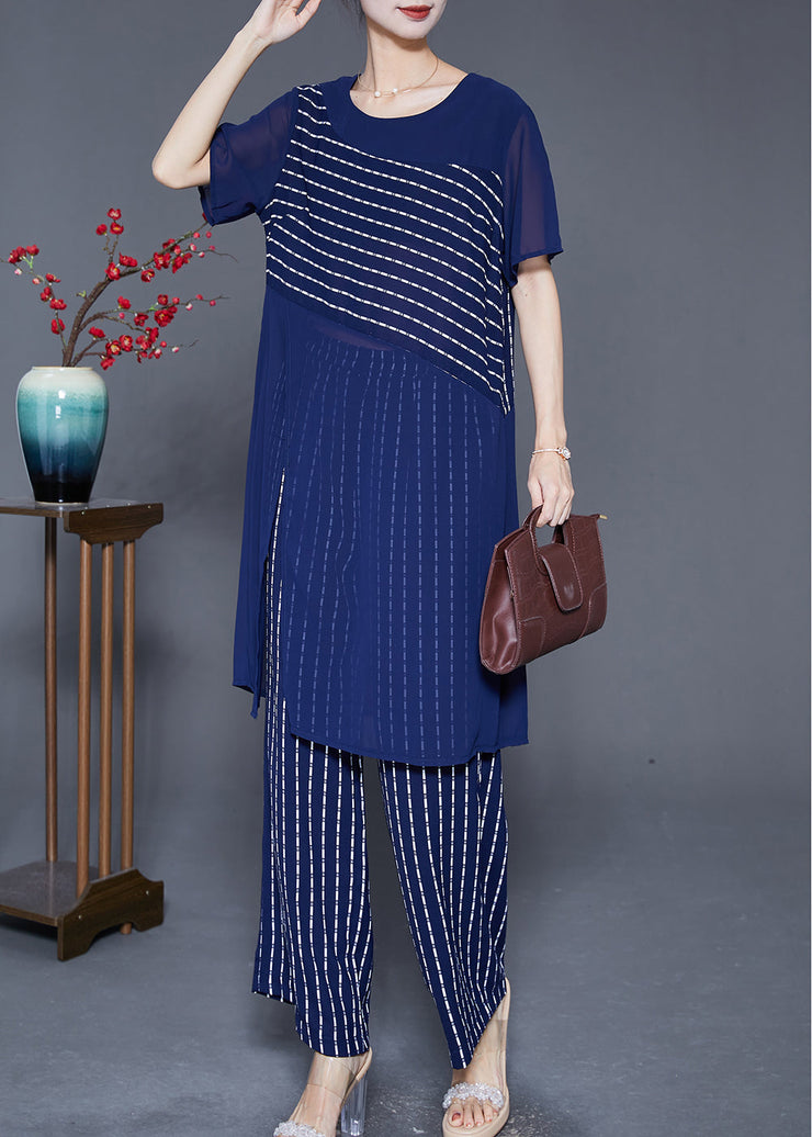 Blue Patchwork Chiffon Two Pieces Set Asymmetrical Side Open Summer