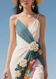Blue Patchwork Cotton Spaghetti Strap Dress Flower Decorated Summer
