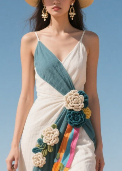 Blue Patchwork Cotton Spaghetti Strap Dress Flower Decorated Summer