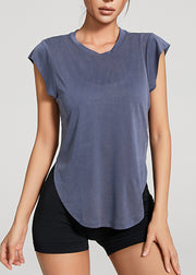 Blue Patchwork Solid Loose Yoga Top Summer