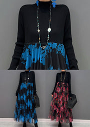 Blue Patchwork Tulle Knit Party Dress Stand Collar Slim Fit Spring