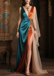 Blue Patchwork Tulle Robe Dresses Asymmetrical Exra Large Hem Summer