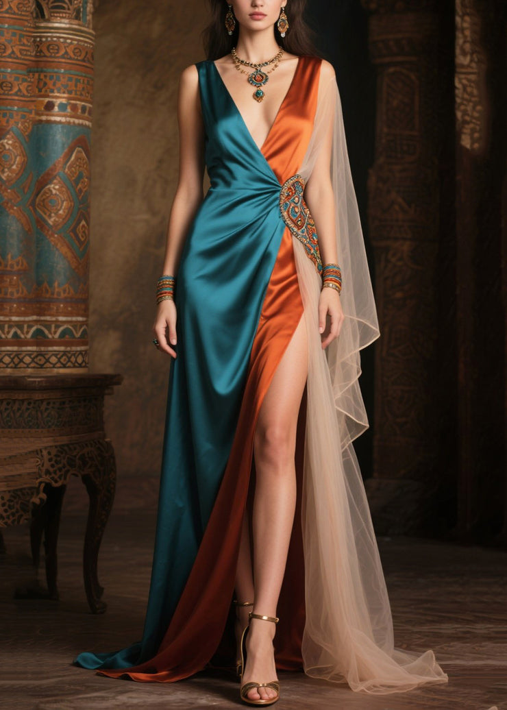 Blue Patchwork Tulle Robe Dresses Asymmetrical Exra Large Hem Summer