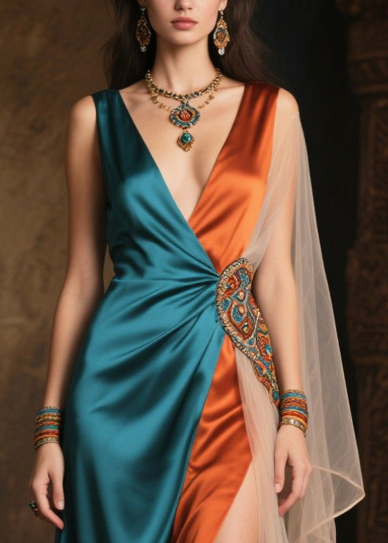 Blue Patchwork Tulle Robe Dresses Asymmetrical Exra Large Hem Summer