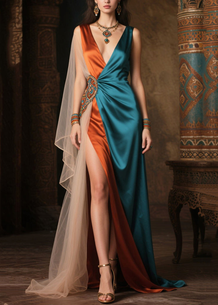 Blue Patchwork Tulle Robe Dresses Asymmetrical Exra Large Hem Summer