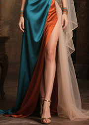 Blue Patchwork Tulle Robe Dresses Asymmetrical Exra Large Hem Summer