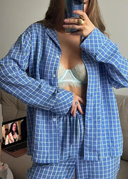 Blue Plaid Cotton Pajama Two Pieces Sets Oversized Fall