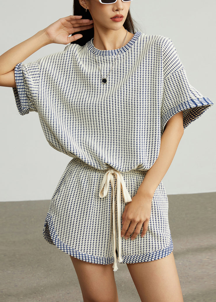 Blue Plaid Cotton Tanks And Shorts Two Piece Set Oversized Summer
