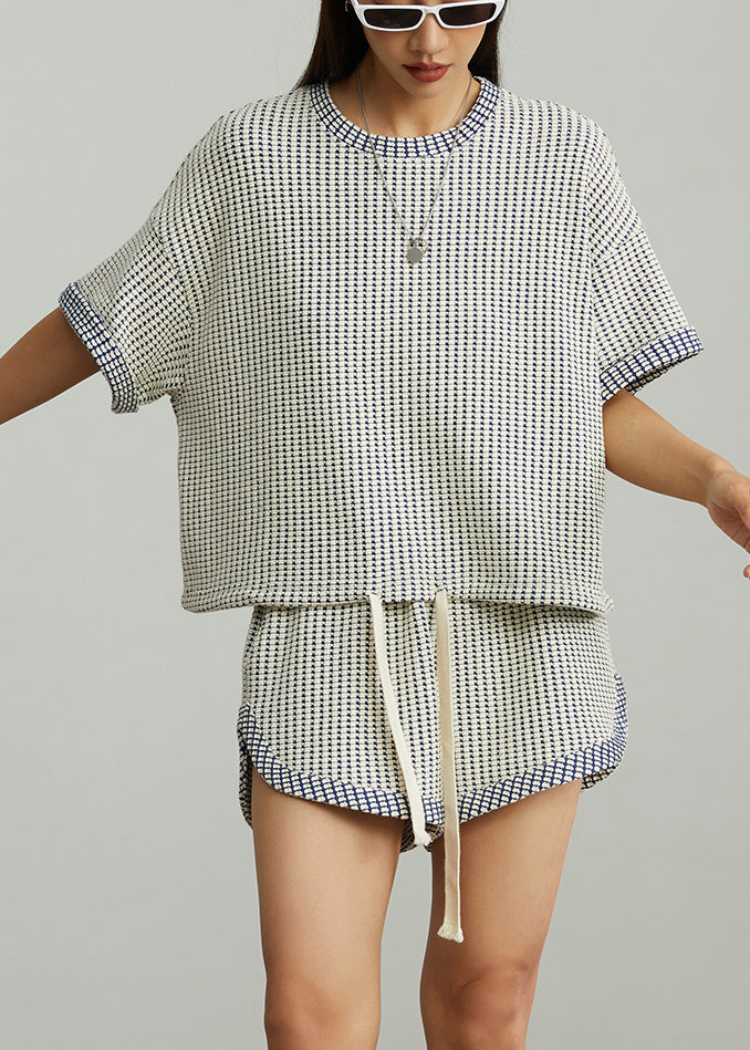 Blue Plaid Cotton Tanks And Shorts Two Piece Set Oversized Summer