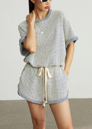 Blue Plaid Cotton Tanks And Shorts Two Piece Set Oversized Summer