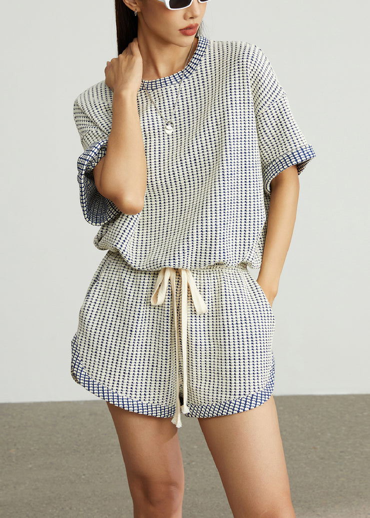 Blue Plaid Cotton Tanks And Shorts Two Piece Set Oversized Summer