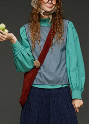 Blue Plaid O-Neck Patchwork Waistcoat Fall