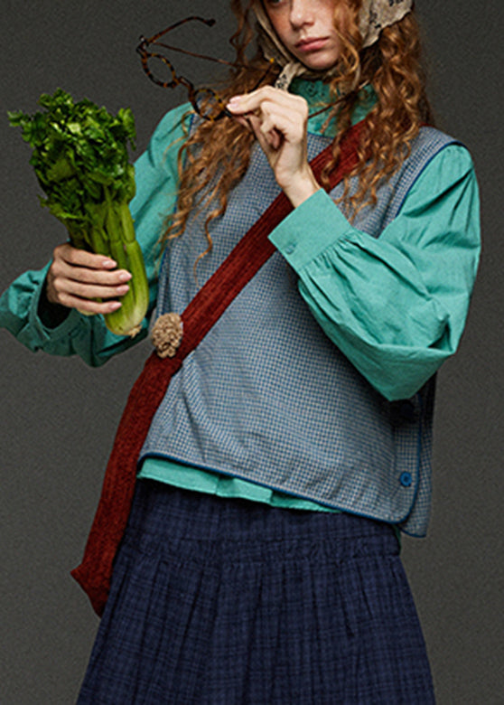 Blue Plaid O-Neck Patchwork Waistcoat Fall
