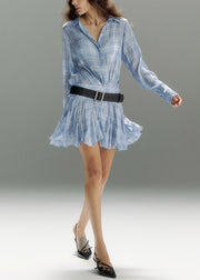 Blue Plaid Wrinkled Cotton Mini Dress Peter Pan Collar