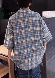 Blue Plaid Zip Up Cotton Men Shirts Peter Pan Collar Summer