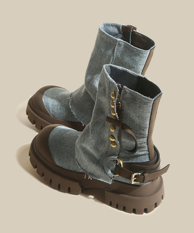 Blue Platform Cowhide Leather Splicing Denim Boots