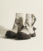 Blue Platform Cowhide Leather Splicing Denim Boots