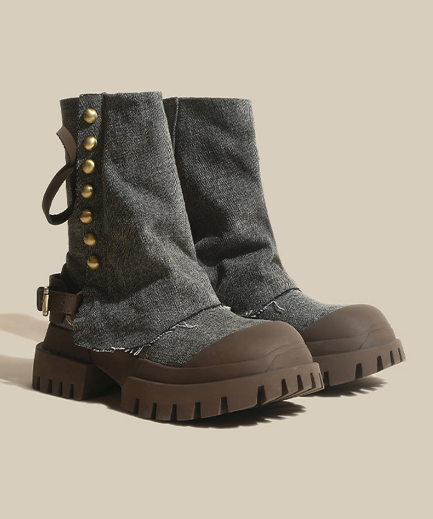 Blue Platform Cowhide Leather Splicing Denim Boots
