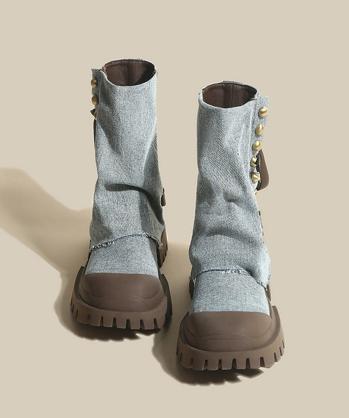 Blue Platform Cowhide Leather Splicing Denim Boots