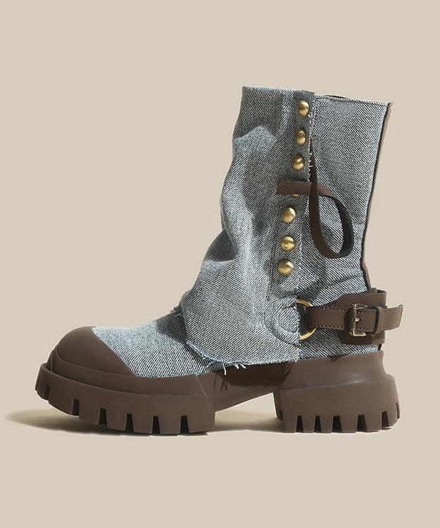 Blue Platform Cowhide Leather Splicing Denim Boots