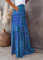 Blue Pockets Elastic Waist Maxi Skirts Summer