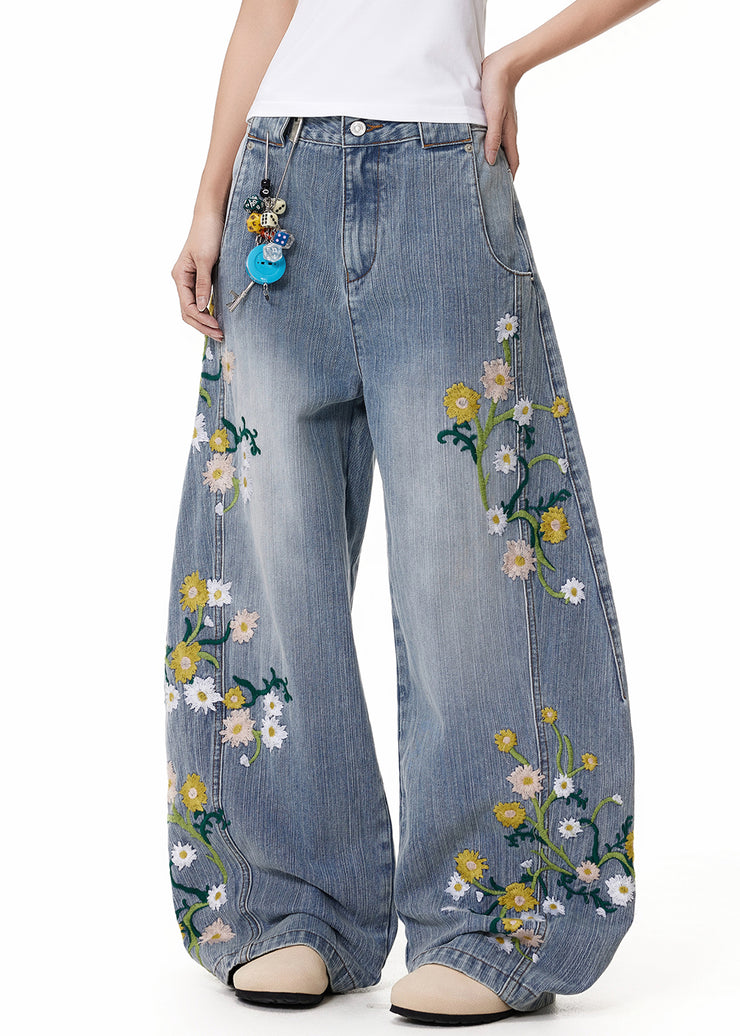 Blue Pockets High Waist Denim Wide Leg Pants Embroidered