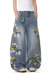 Blue Pockets High Waist Denim Wide Leg Pants Embroidered