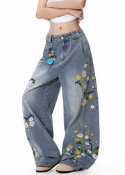 Blue Pockets High Waist Denim Wide Leg Pants Embroidered