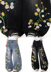 Blue Pockets High Waist Denim Wide Leg Pants Embroidered