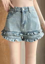 Blue Pockets High Waist Summer Denim Shorts Ruffled