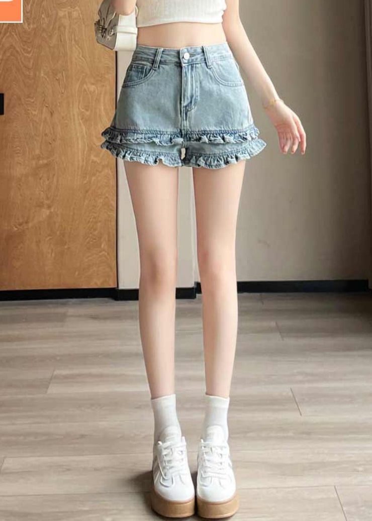Blue Pockets High Waist Summer Denim Shorts Ruffled