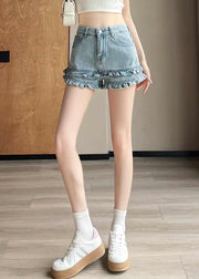 Blue Pockets High Waist Summer Denim Shorts Ruffled