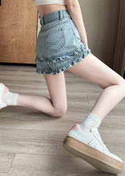 Blue Pockets High Waist Summer Denim Shorts Ruffled