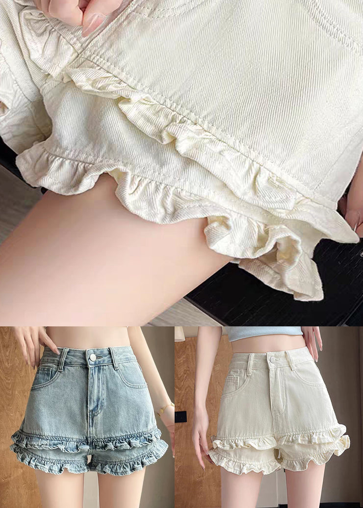 Blue Pockets High Waist Summer Denim Shorts Ruffled