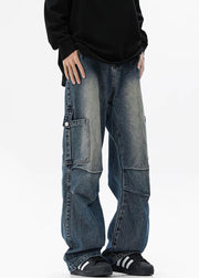 Blue Pockets Original Design High Waist Denim Men Pants Spring